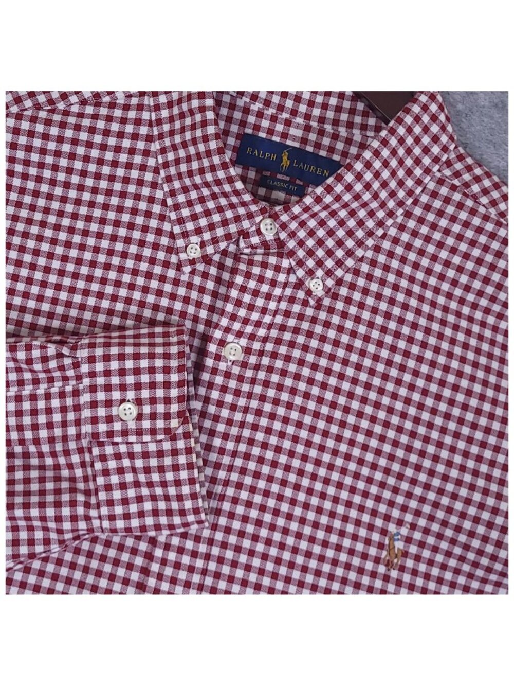Ralph Lauren Mens XXL Classic Fit Burgundy Gingham Oxford Shirt LS Flesh Pony